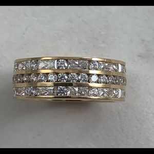 14k Solid Yellow Gold Three Row CZ Eternity Band